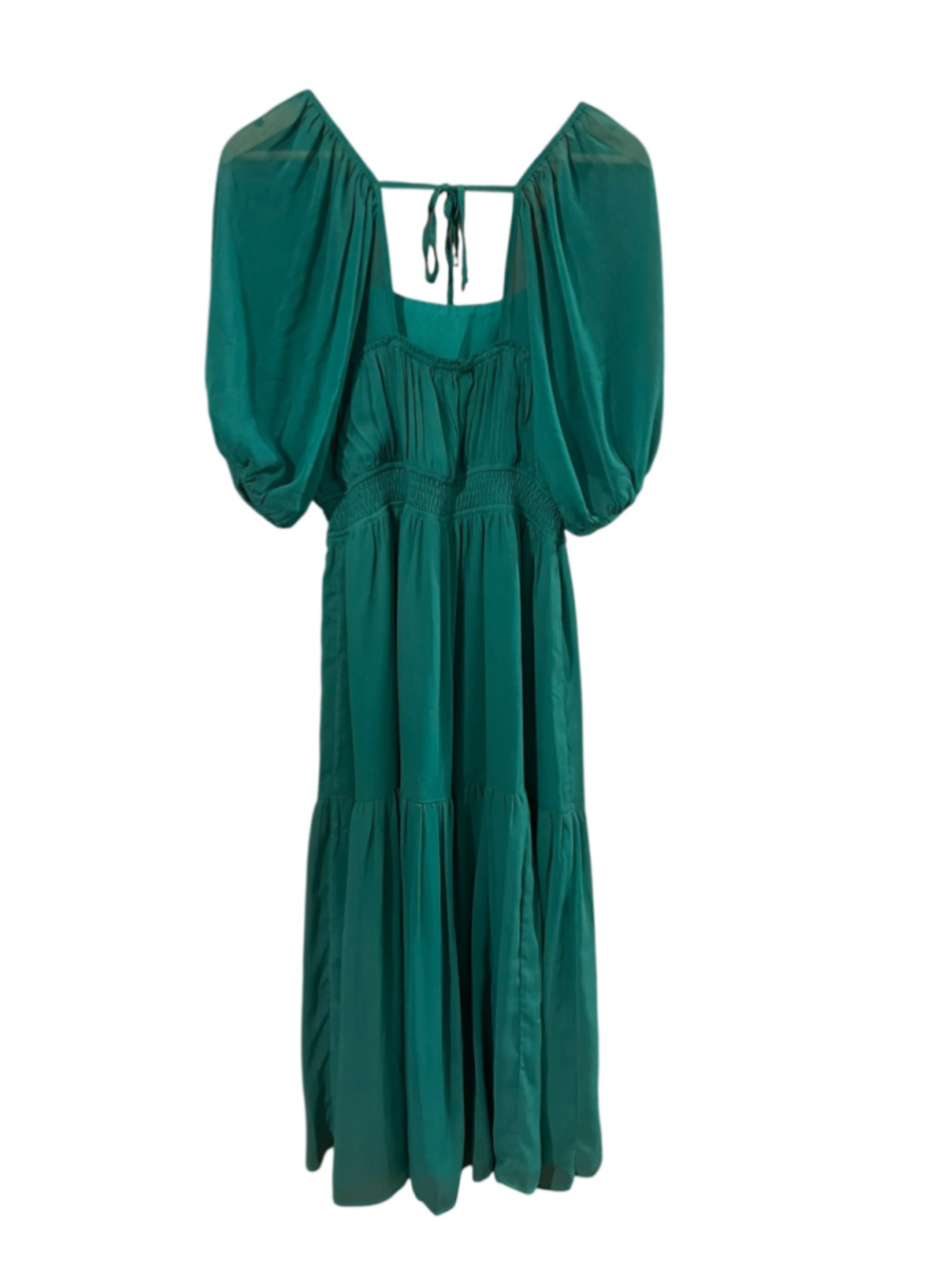 Emerald Green Boho Maxi Dress Puff Sleeve Smocked Waist Size S - Picture 6 of 6